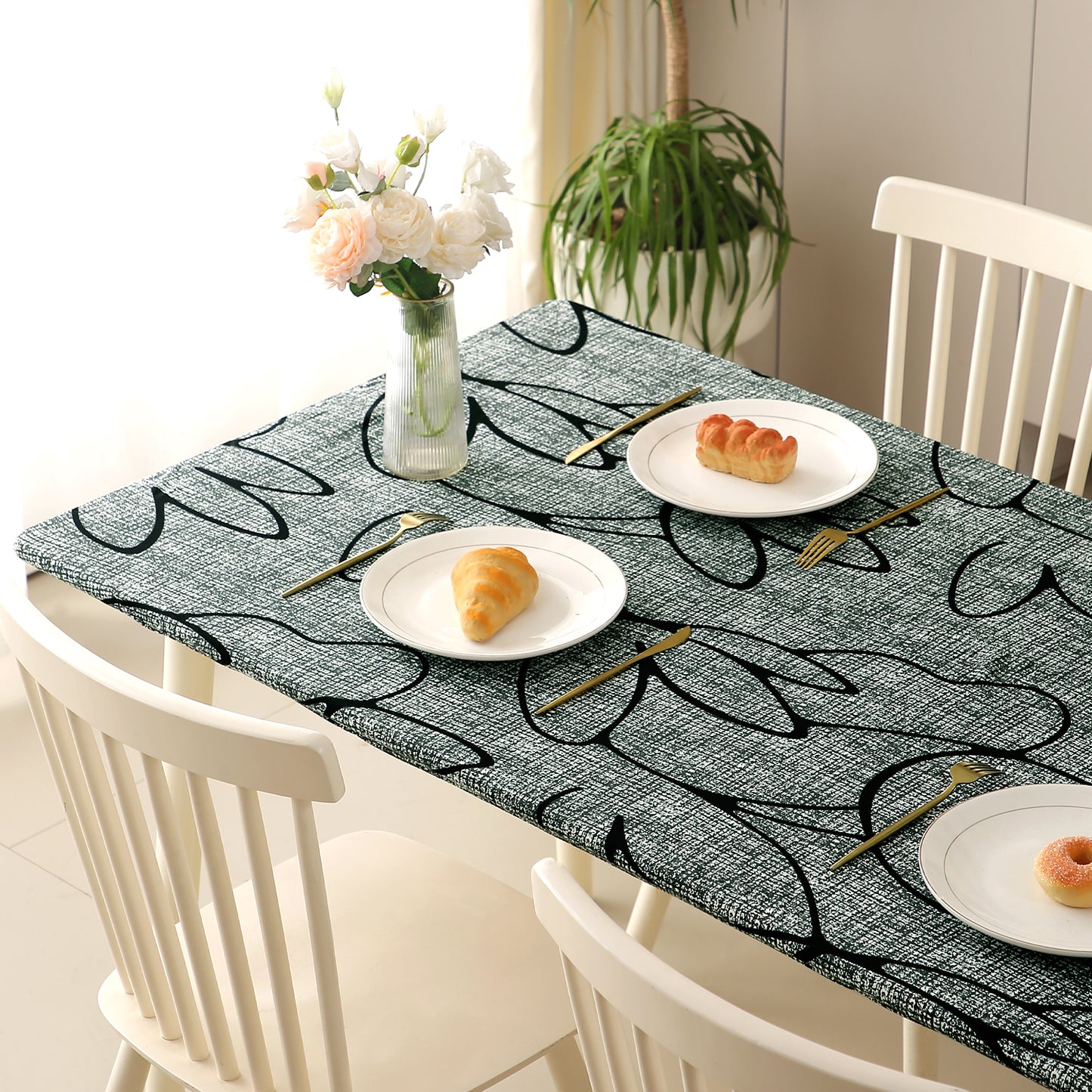 Printed Stretch Fit Water-Repellent & Anti-Slip Table Cloth Cover for 4 Seater / 6 Seater, Intense Grey Abstract Floral