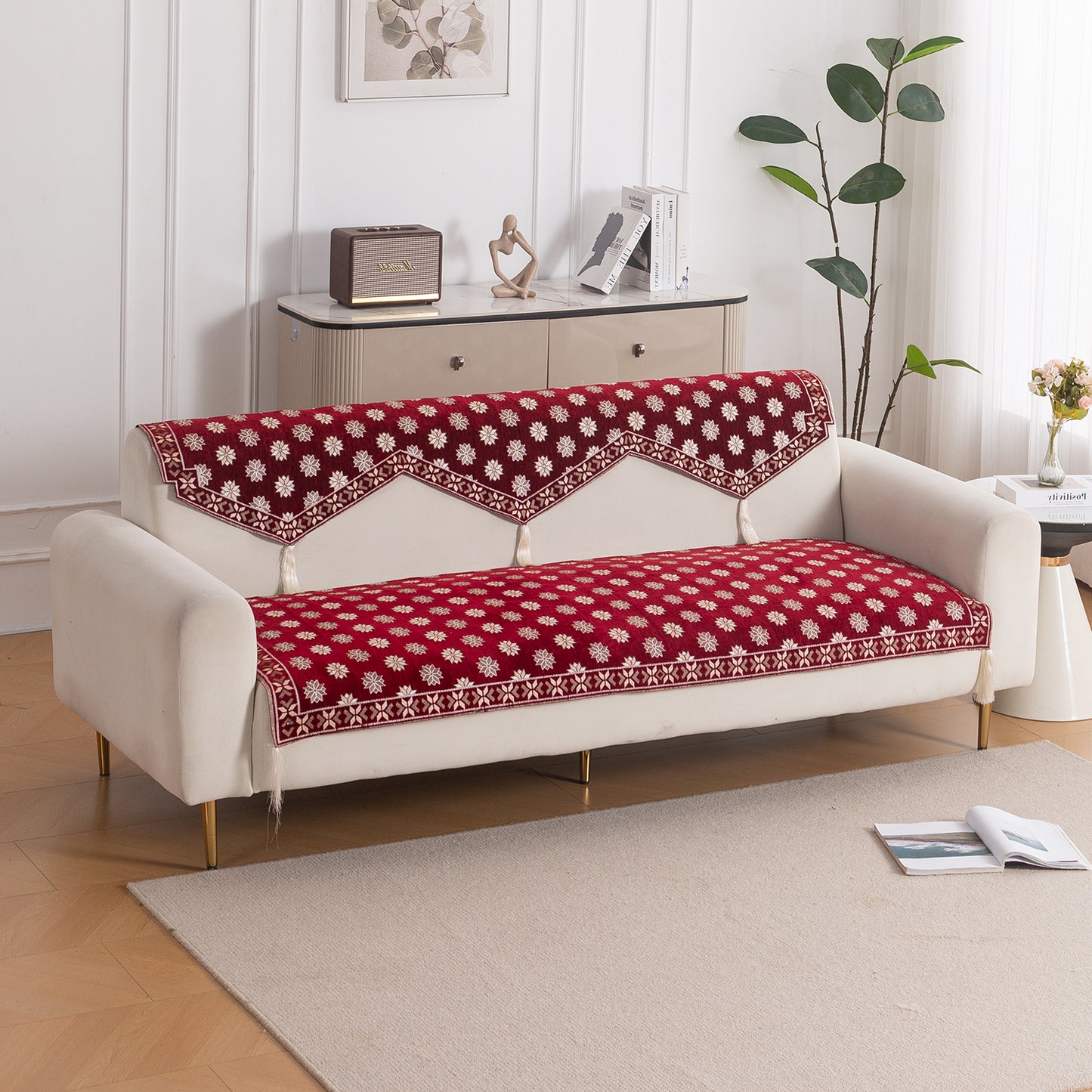 Heritage Weave Premium Jacquard Sofa Cover Set with Tassels -  Crimson Red
