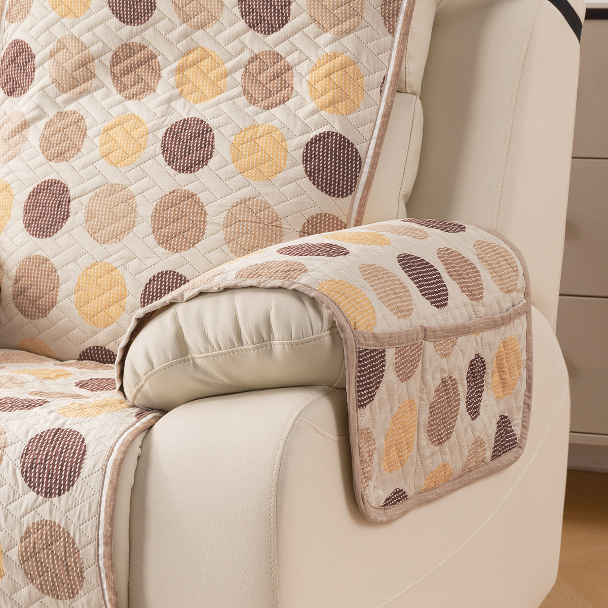 Quilted Cover for Recliner Sofa with SecureFit Belt & Side Pocket, Brown Polka Dot