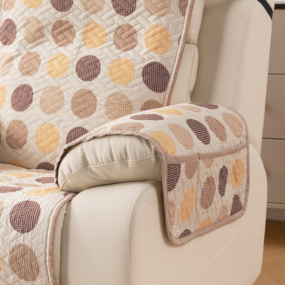 Quilted Cover for Recliner Sofa with SecureFit Belt & Side Pocket, Brown Polka Dot