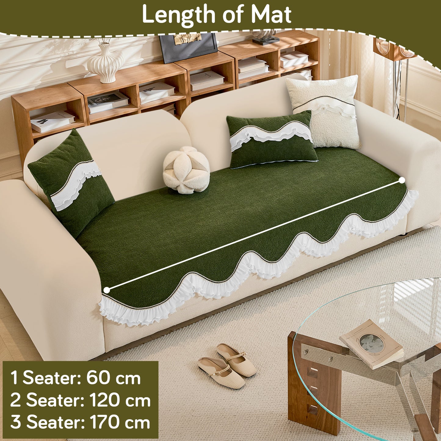 French Classic Frill Wavy Sofa Cover Mat with Curve & Lace - Dark Olive Green