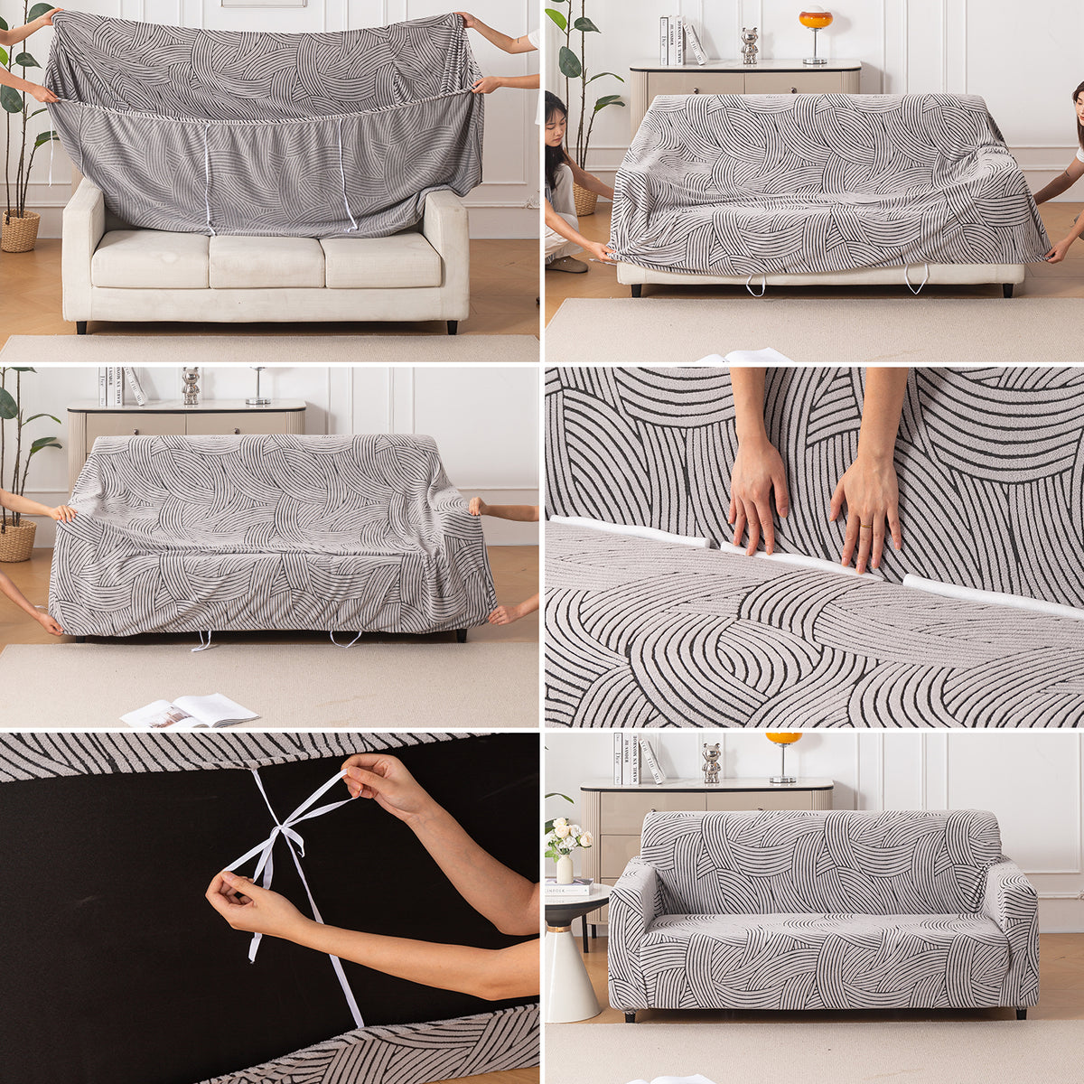 guide on how to put on ash grey colour waveline series jacquard elastic stretchable sofa cover