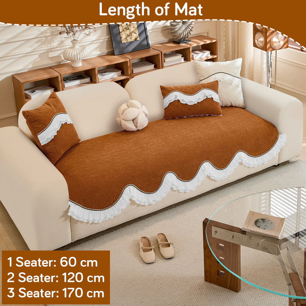French Classic Frill Wavy Sofa Cover Mat with Curve & Lace - Copper Orange