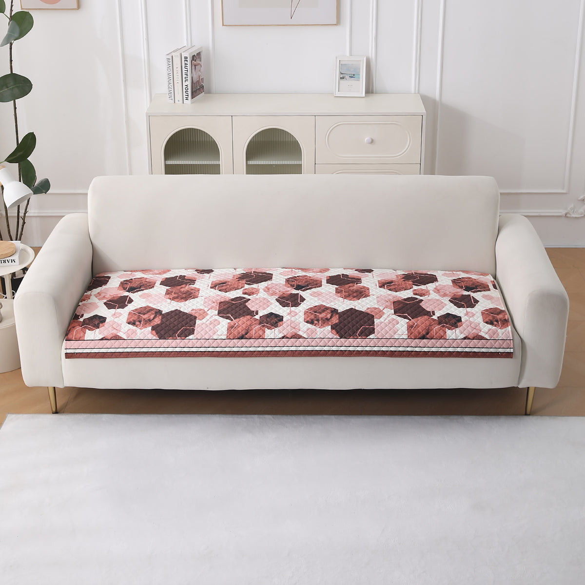 LiefNest Holland Velvet Sofa Cover Mat with Foam Filling - Geometric Hexagon Cider
