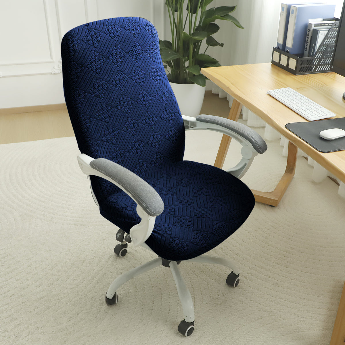 Office Chair Cover for Desk Chair (Mid-Back) – 170 GSM Stretch Jacquard – Washable, Durable & Anti-Slip – Fits Mid-Back Office Chairs, Navy Blue