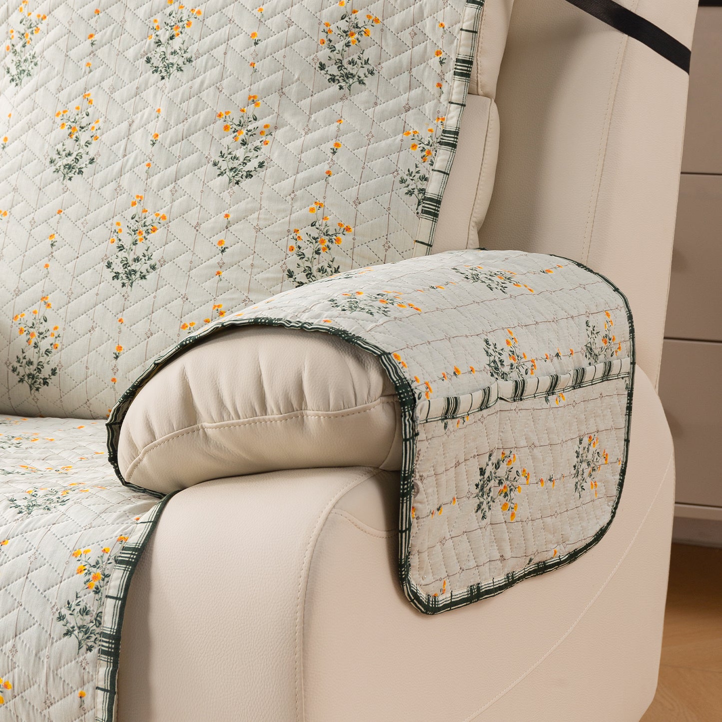 Quilted Cover for Recliner Sofa with SecureFit Belt & Side Pocket, Light Green Ash Gypsy Flower