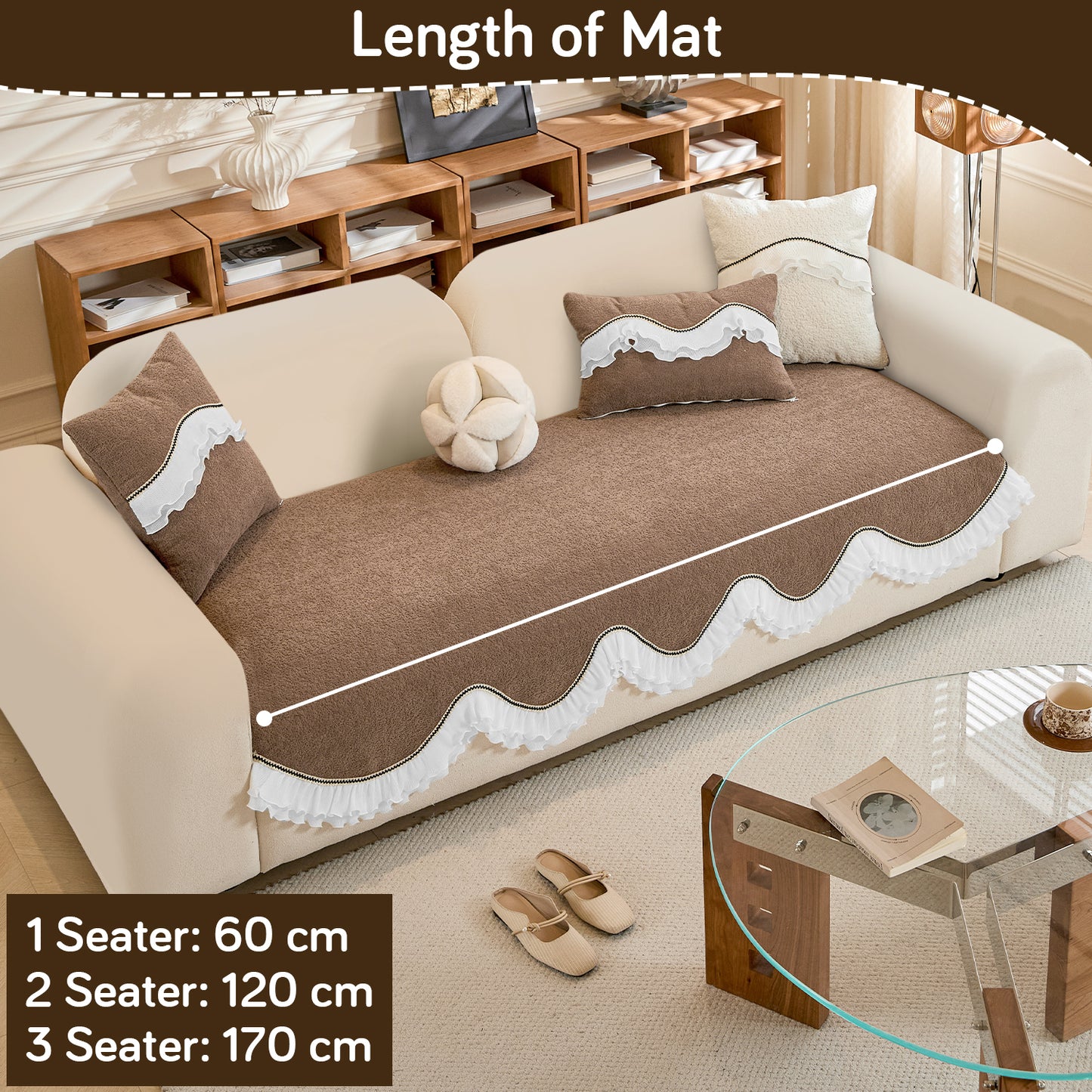 French Classic Frill Wavy Sofa Cover Mat with Curve & Lace - Mocha Luxe Brown