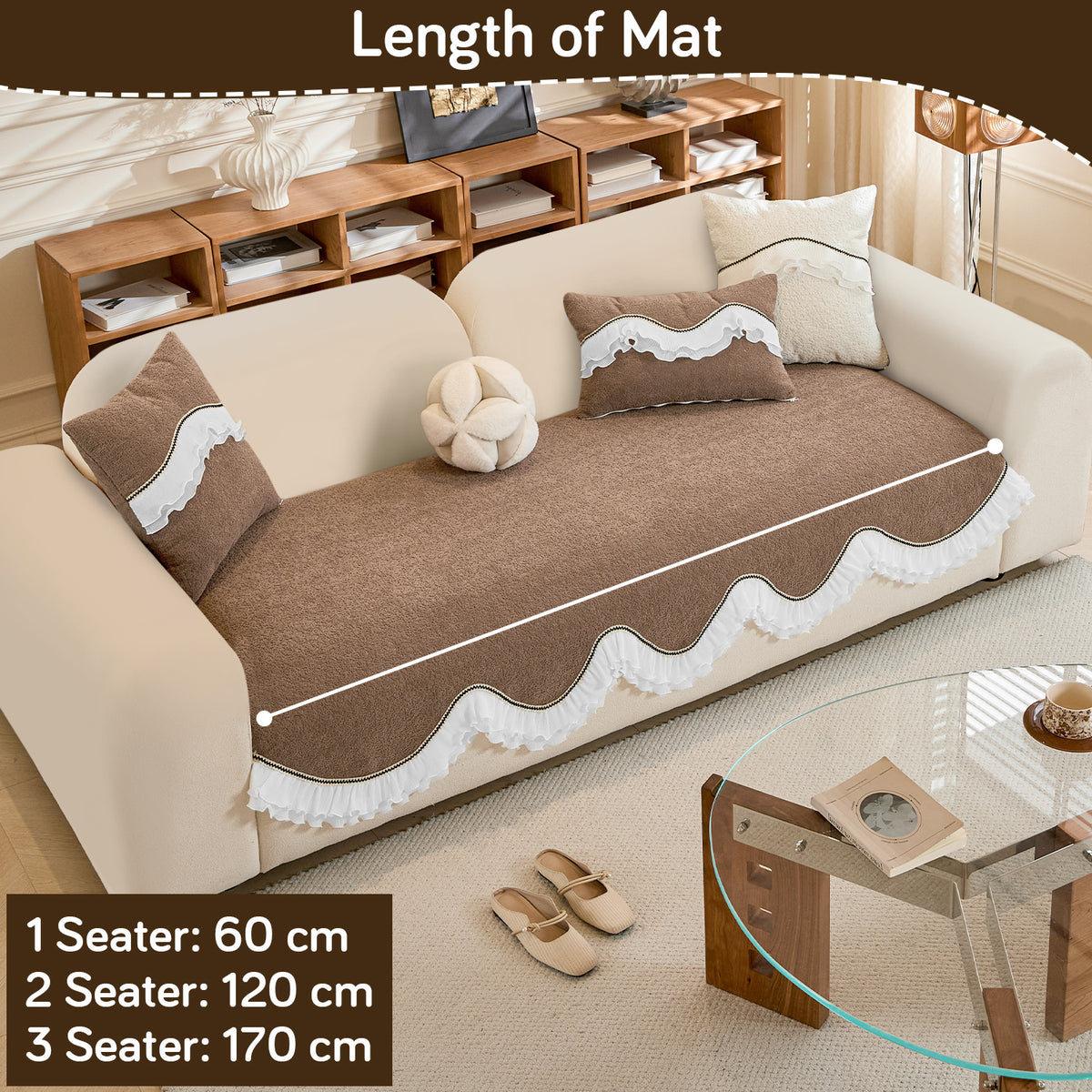 French Classic Frill Wavy Sofa Cover Mat with Curve & Lace - Mocha Luxe Brown