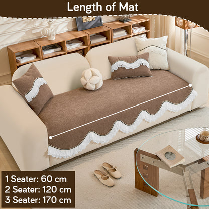 French Classic Frill Wavy Sofa Cover Mat with Curve & Lace - Mocha Luxe Brown