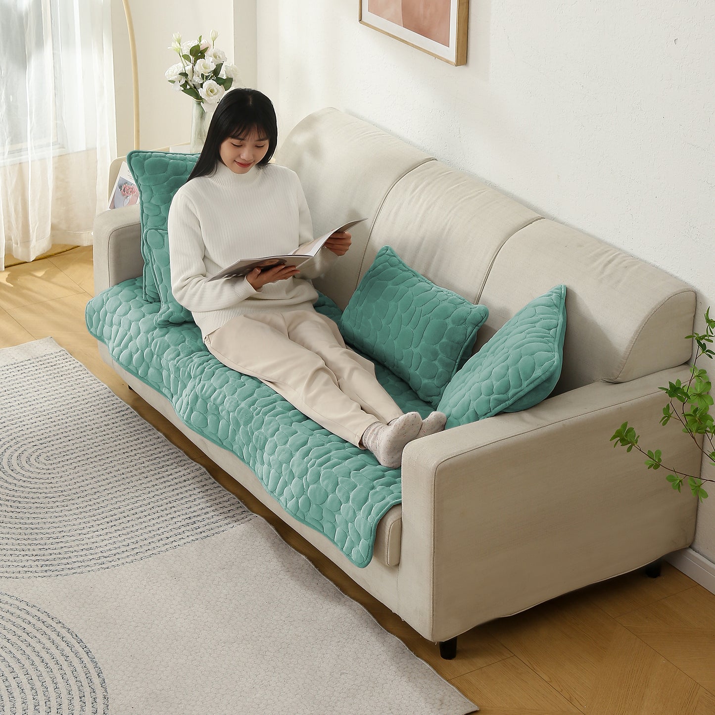 Premium Pebble Milk Velvet Anti Slip Sofa Mat for 1/2/3 Seater, Fog Blue