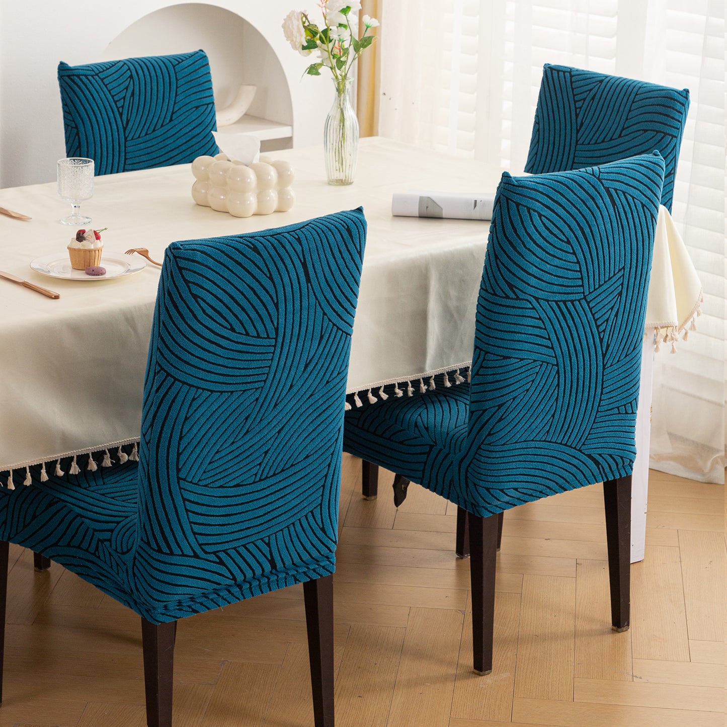 WaveLine Series 180 GSM Jacquard Chair Cover Set of 1/2/4/6, Teal Green