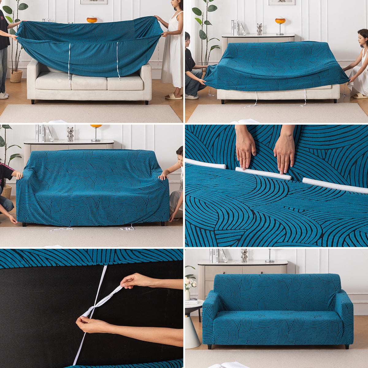 guide on how to put on rust brown colour waveline series jacquard elastic stretchable sofa cover