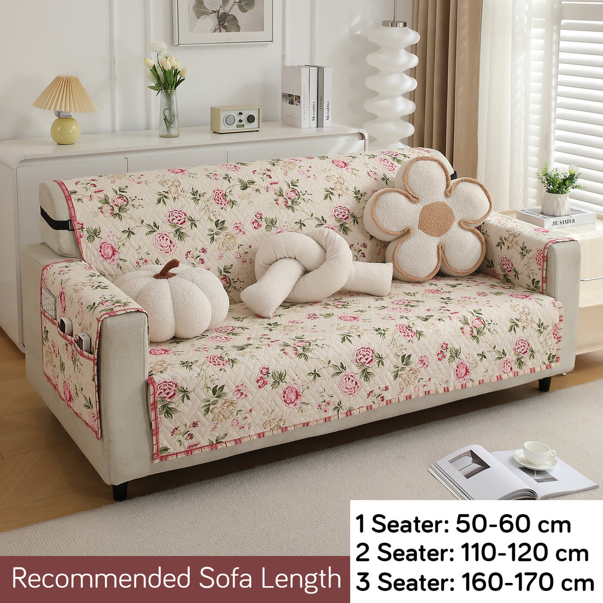 Beige Peonies Printed quilted three seater sofa cover