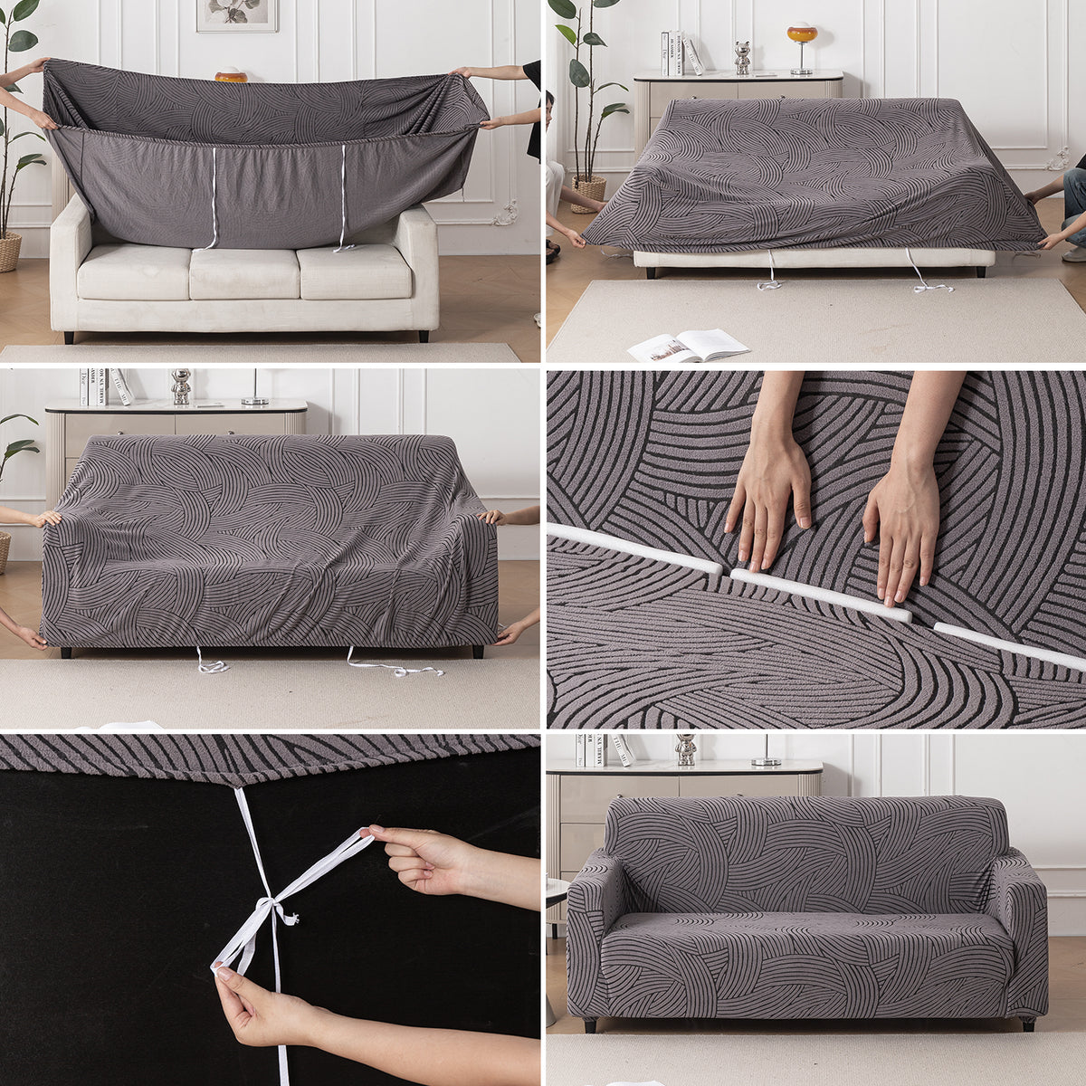 guide on how to put on charcoal grey colour waveline series jacquard elastic stretchable sofa cover