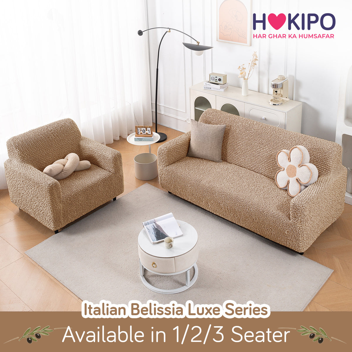 Italian Belissia Luxe Series' Super Stretchable Microfiber 1/2/3 Seater Sofa Cover, Latte Beige
