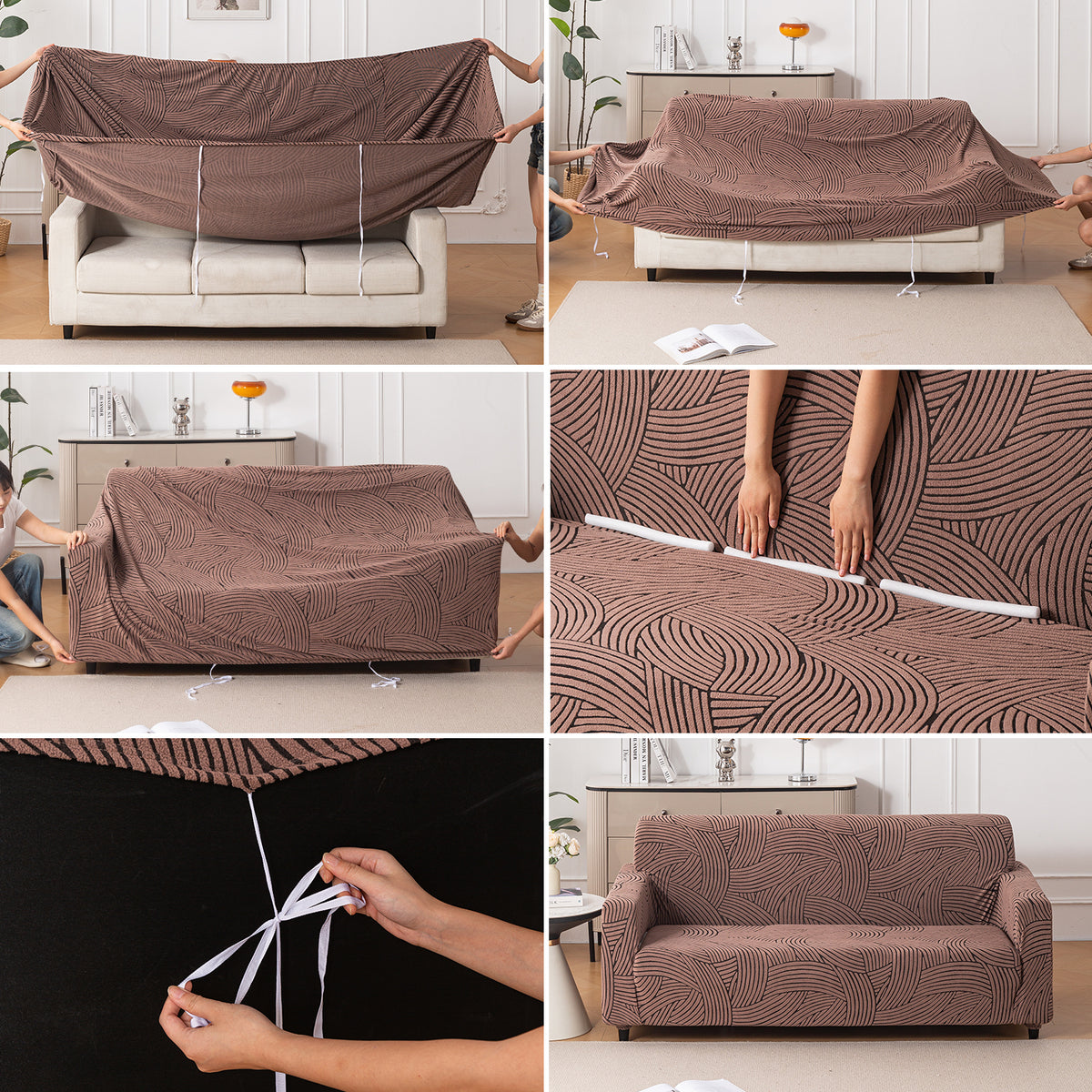 guide on how to put on rust brown colour waveline series jacquard elastic stretchable sofa cover