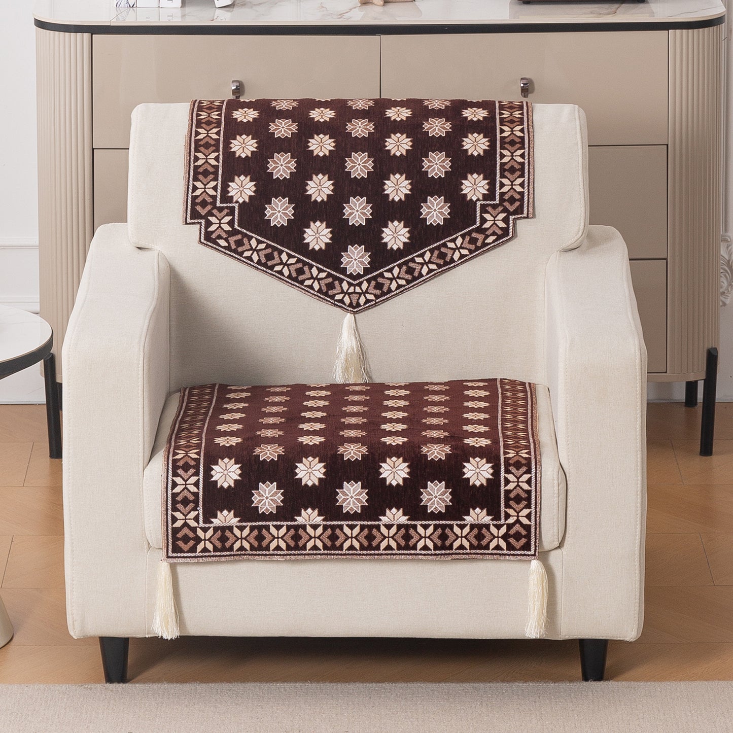 Heritage Weave Premium Jacquard Sofa Cover Set with Tassels - Coffee Brown