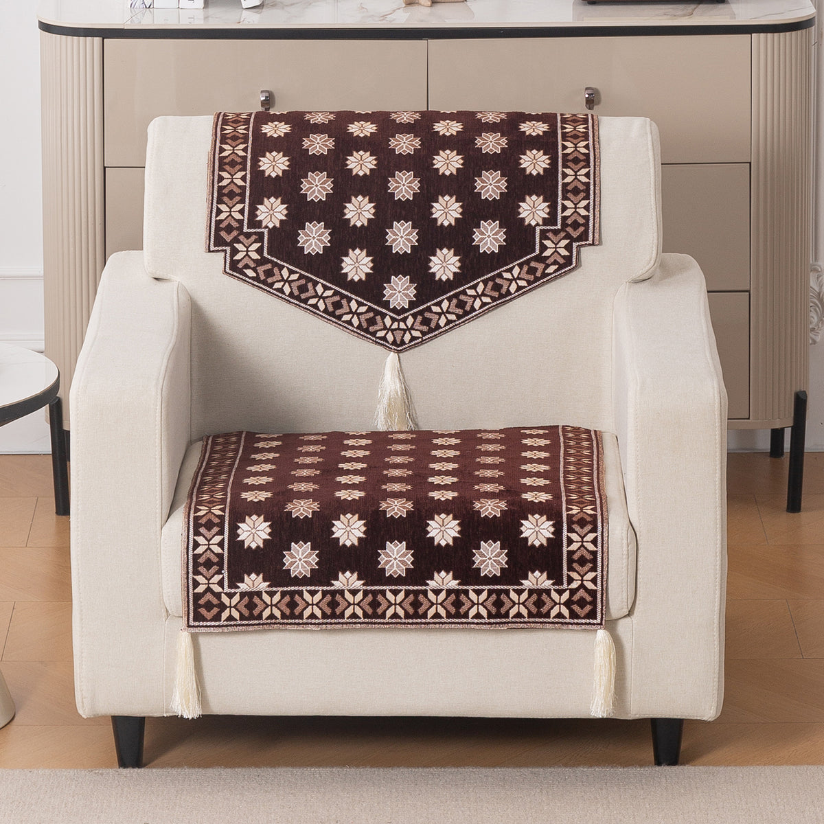 Heritage Weave Premium Jacquard Sofa Cover Set with Tassels - Coffee Brown