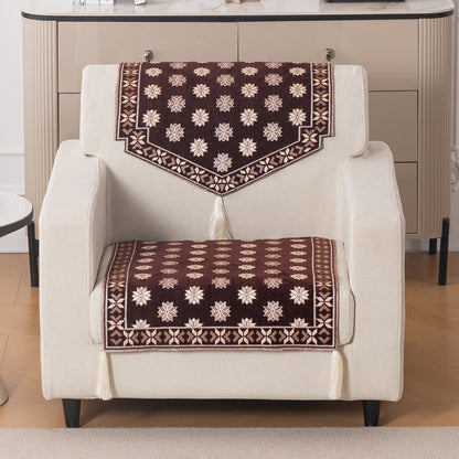Heritage Weave Premium Jacquard Sofa Cover Set with Tassels - Coffee Brown