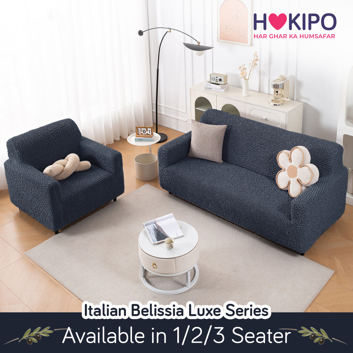Italian Belissia Luxe Series' Super Stretchable Microfiber 1/2/3 Seater Sofa Cover, Navy Blue
