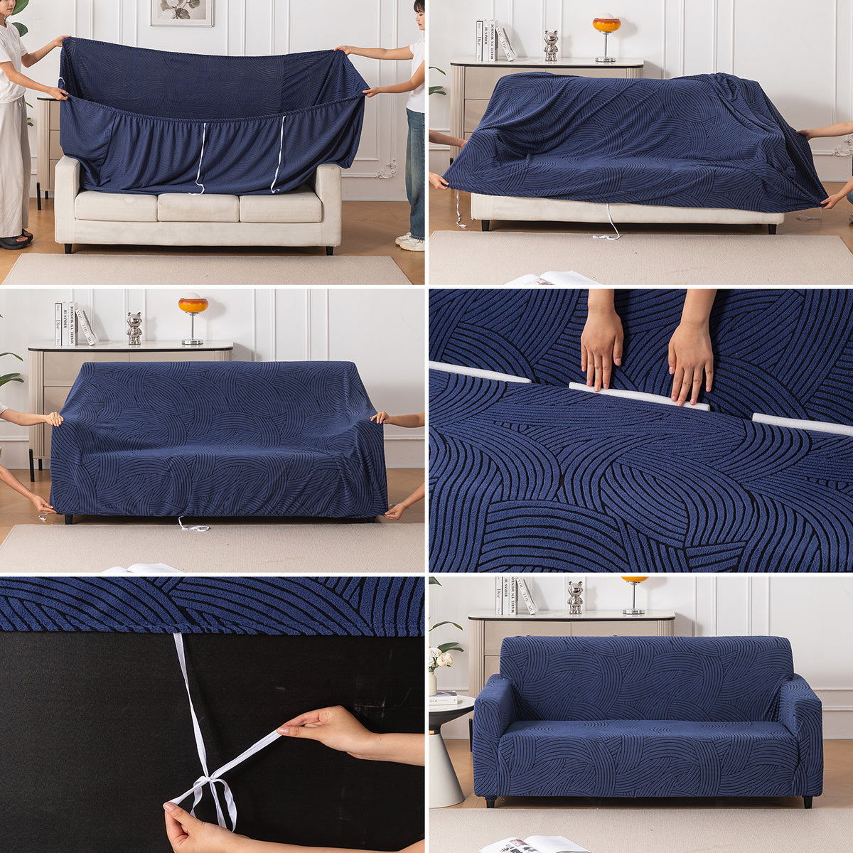 guide on how to put on royal blue colour waveline series jacquard elastic stretchable sofa cover