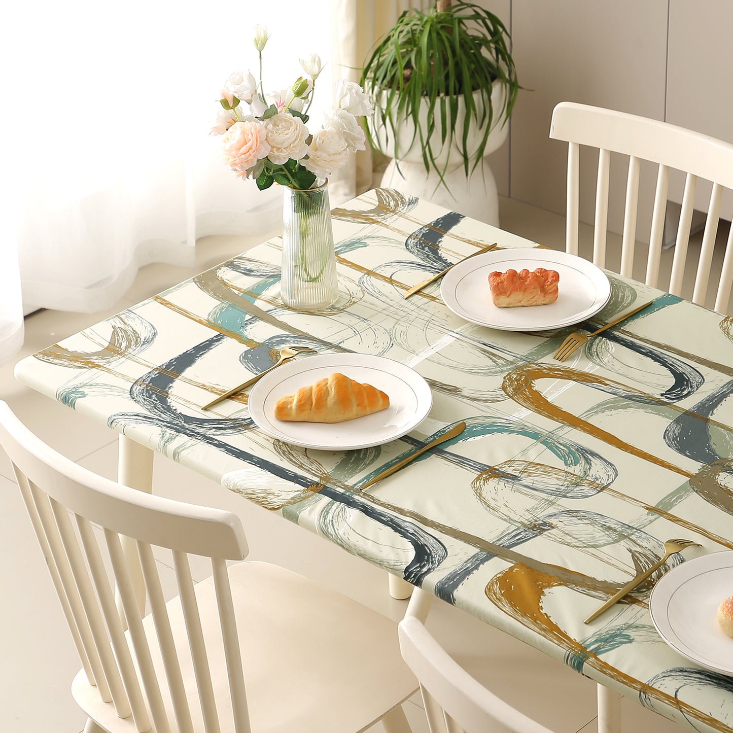 Printed Stretch Fit Water-Repellent & Anti-Slip Table Cloth Cover for 4 Seater / 6 Seater, Parchement Beige Abstract Art