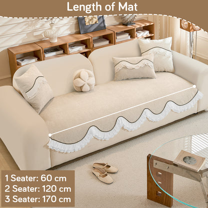 French Classic Frill Wavy Sofa Cover Mat with Curve & Lace - Champagne Beige