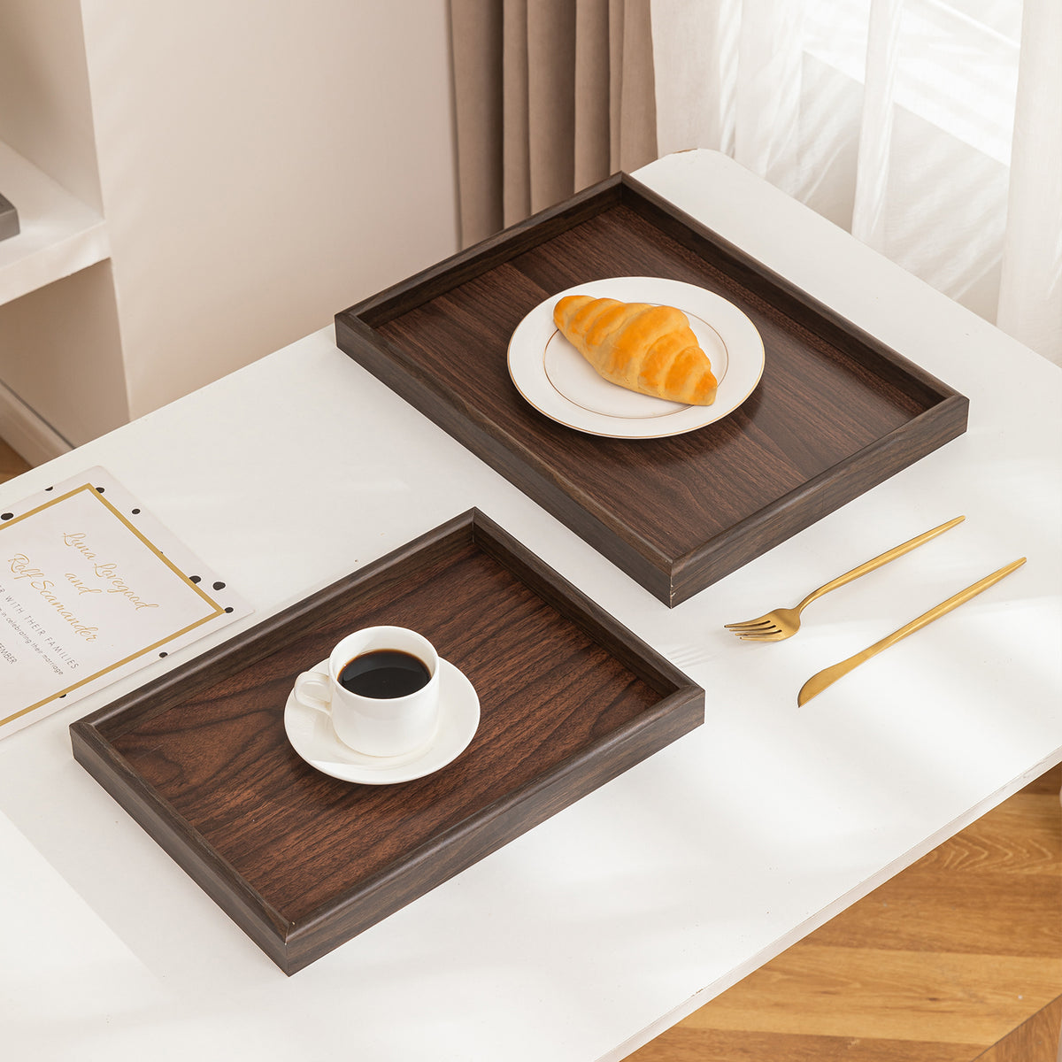 Designer Dark Walnut Finish MDF Serving Tray | Set of 3  