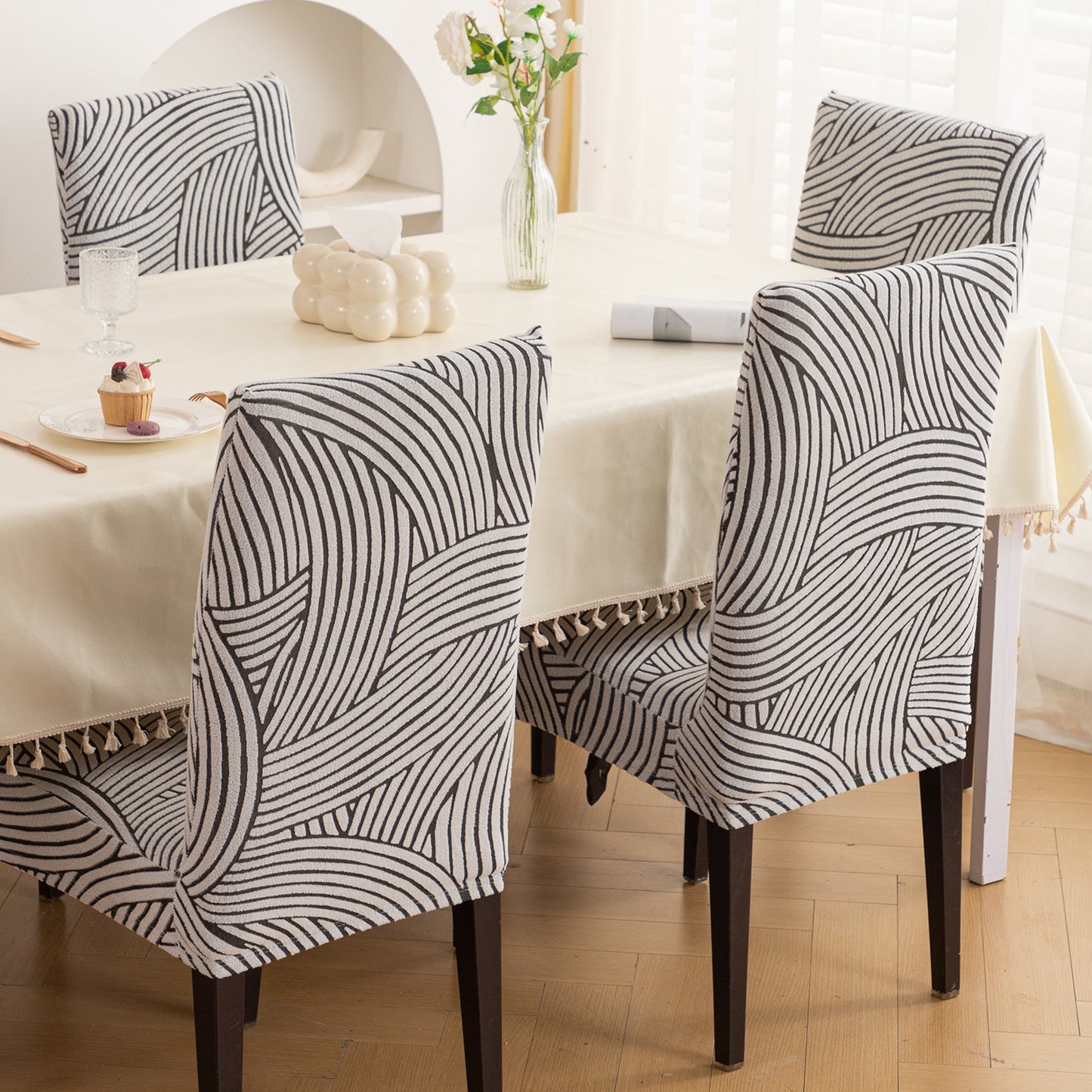 WaveLine Series 180 GSM Jacquard Chair Cover Set 1/2/4/6, Classic White