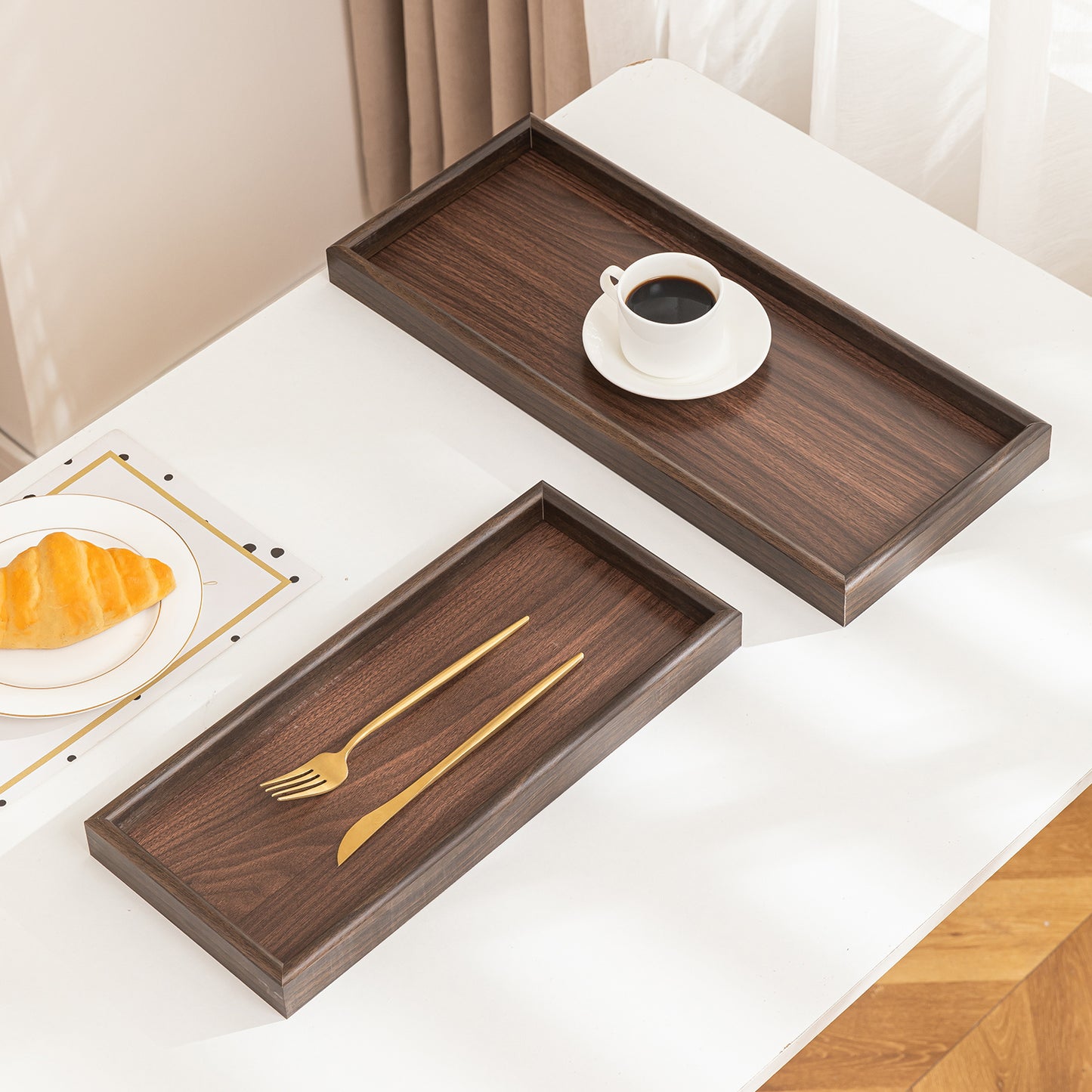Wooden Serving Tray MDF Rectangular Eco-Friendly Trays Set of 3, Dark Wood Finish