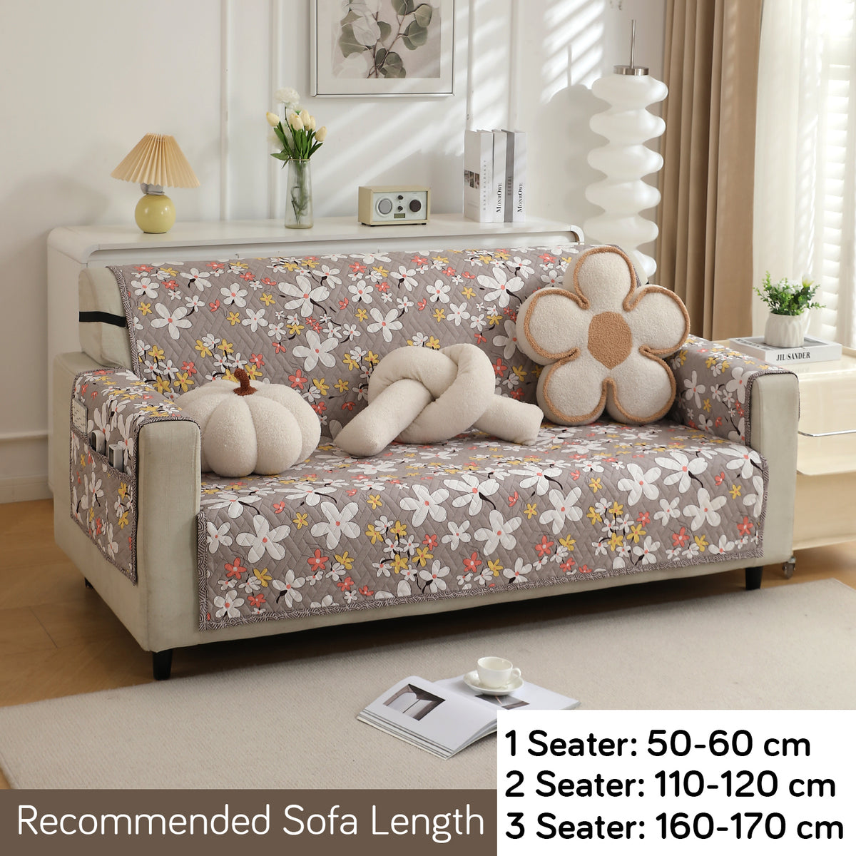 3 Seater Pastel Brown Sandwort Flower Printed quilted sofa cover