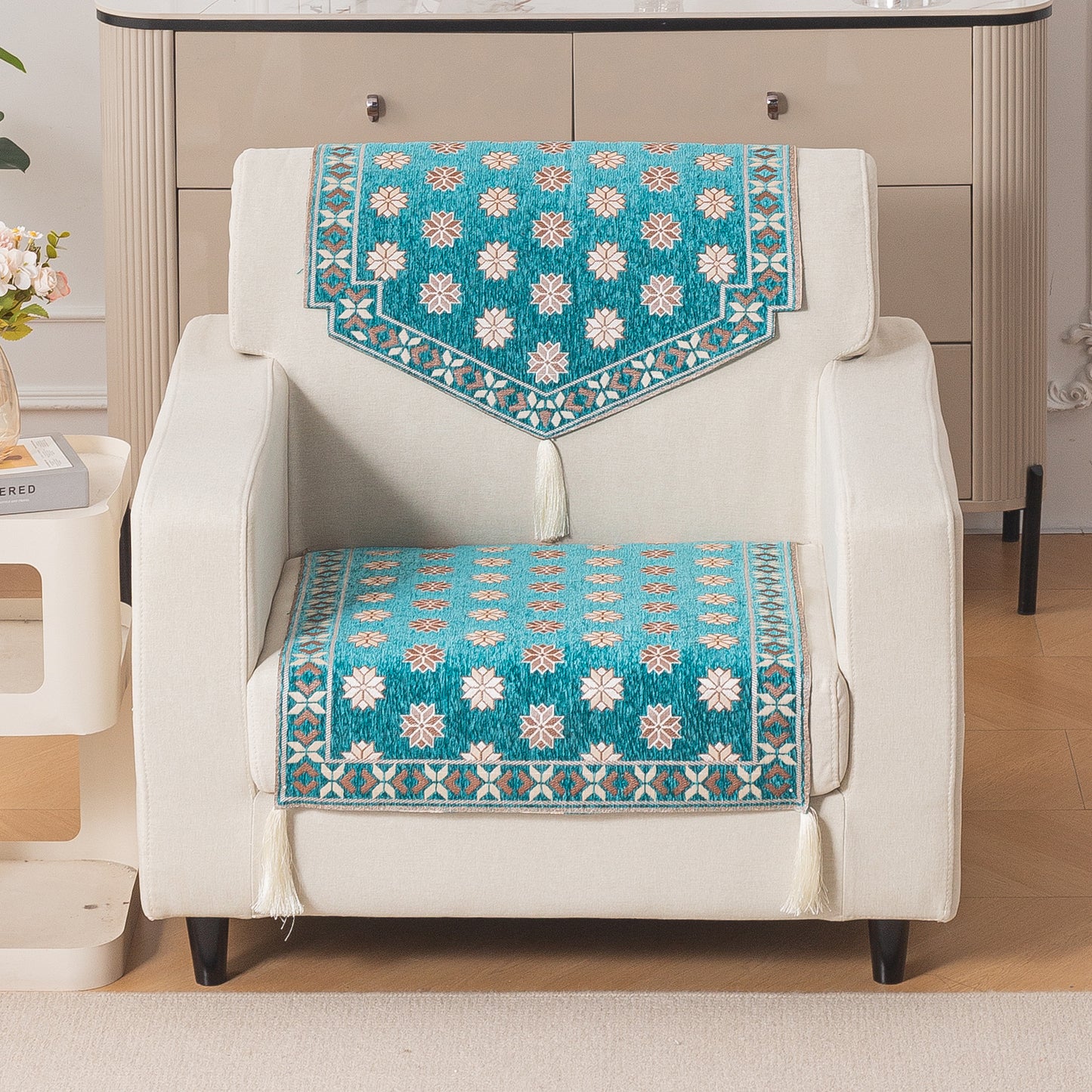 Heritage Weave Premium Jacquard Sofa Cover Set with Tassels - Emerald Teal
