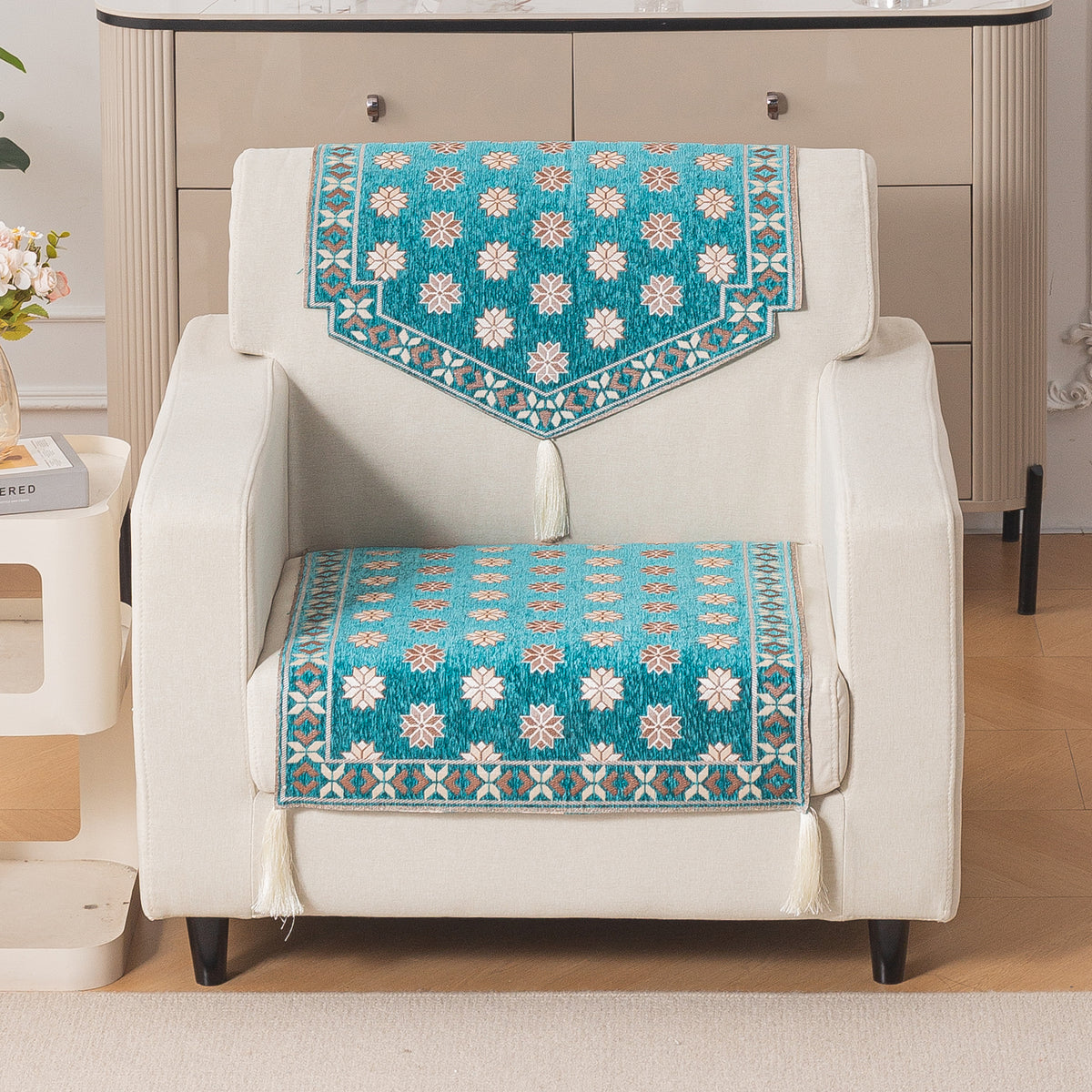 Heritage Weave Premium Jacquard Sofa Cover Set with Tassels - Emerald Teal