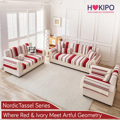 Nordic Boho Geometric Sofa Cover Mat with Tassel, 'Nordic Tassel Series'  Ruby Cream