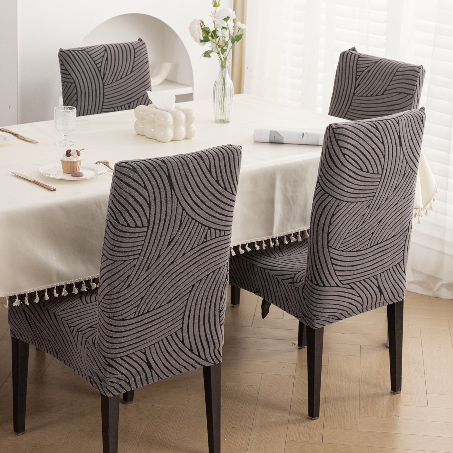 WaveLine Series 180 GSM Jacquard Chair Cover Set of 1/2/4/6, Charcoal Grey