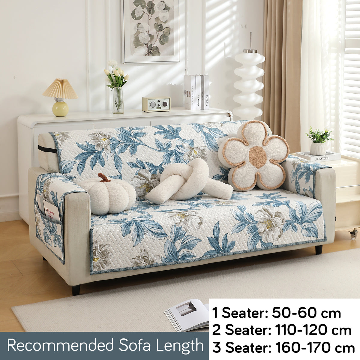 Celadon Blue Camellia Printed quilted sofe ke cover for 3 seater