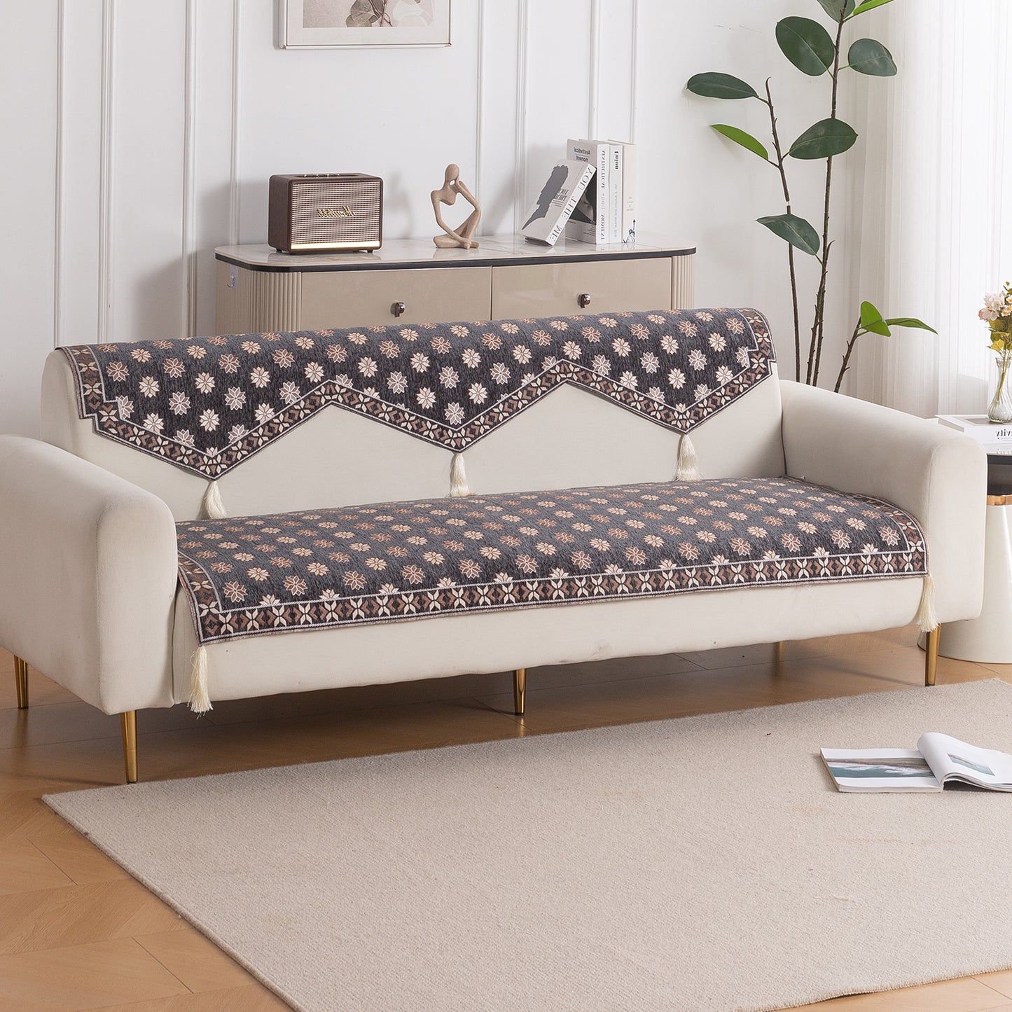 Heritage Weave Premium Jacquard Sofa Cover Set with Tassels - Graphite Grey