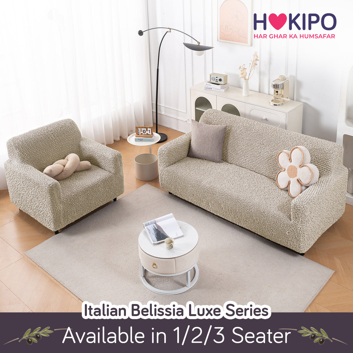 Italian Belissia Luxe Series' Super Stretchable Microfiber 1/2/3 Seater Sofa Cover, Snow Cream