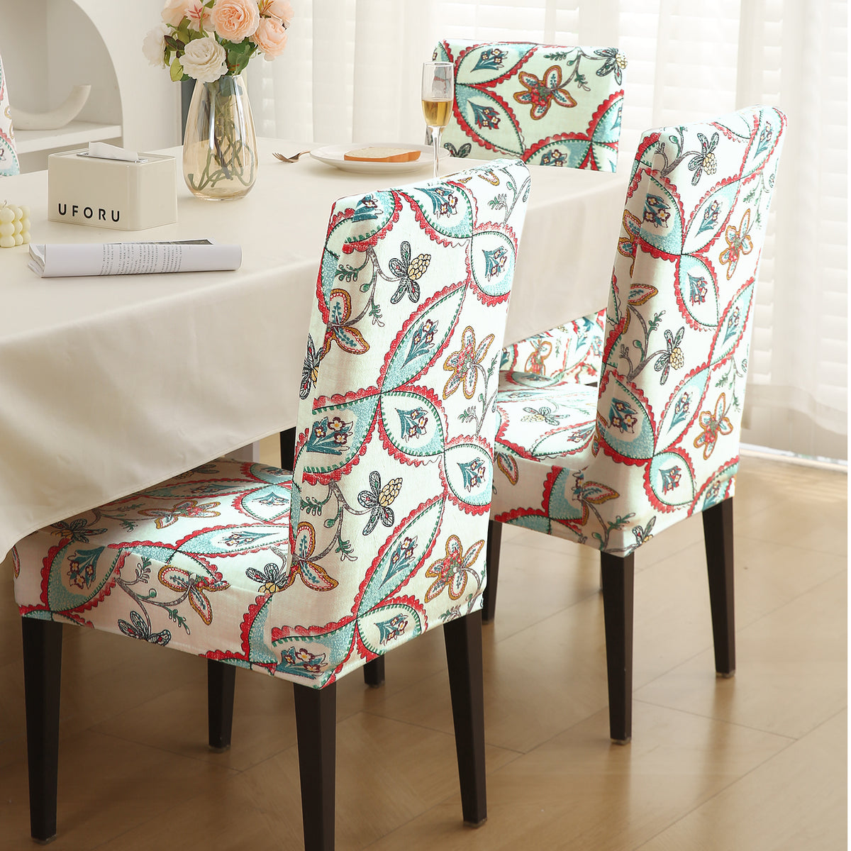 Premium Printed Velvet Dining Chair Cover Set, Beige Persian Garden