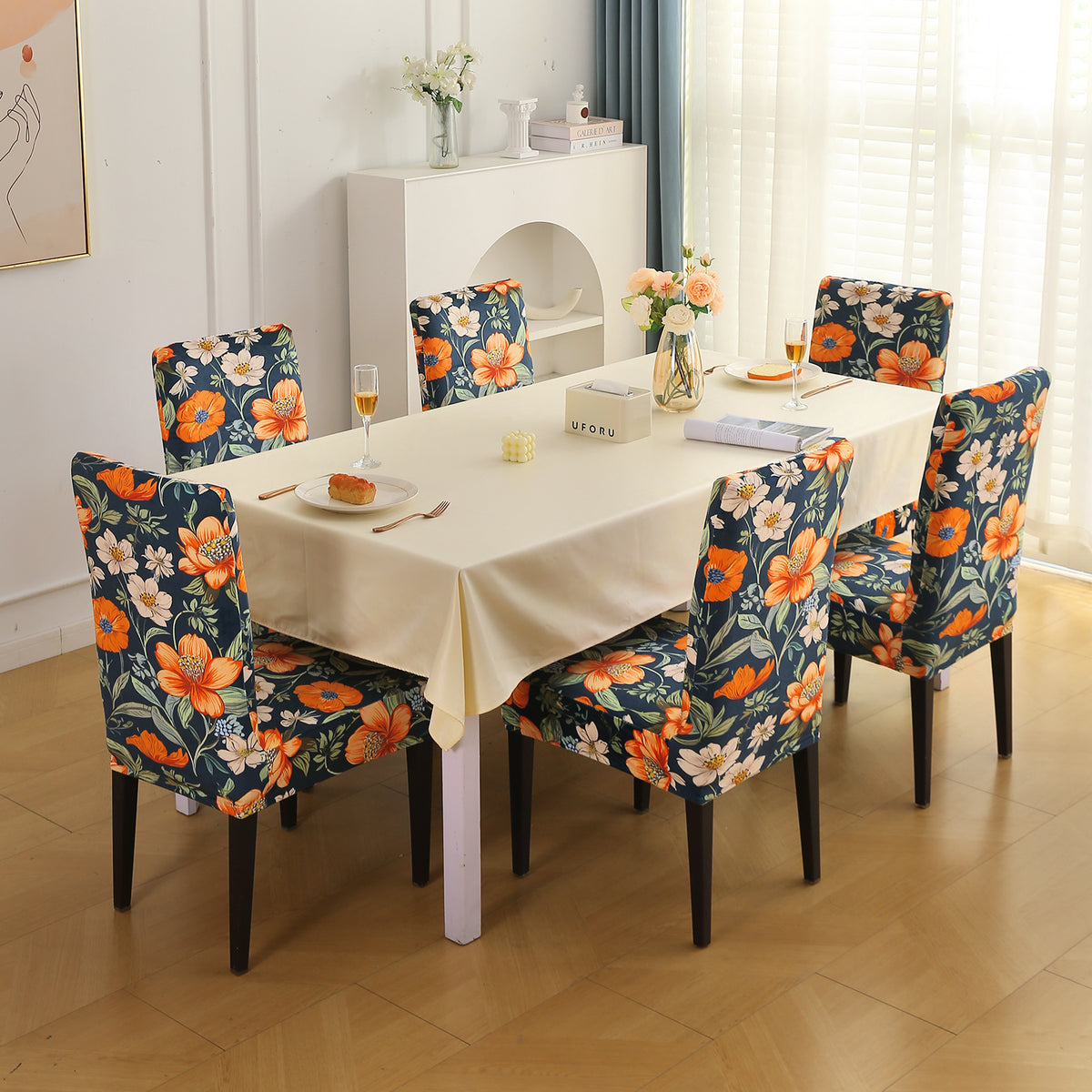 Premium Printed Velvet Dining Chair Cover Set, Teal Twilight Garden