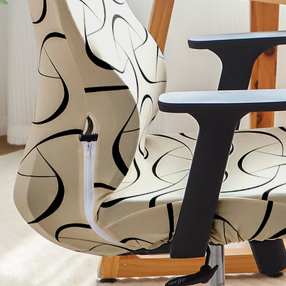 Printed Office Chair Cover with Headrest (High-Back) – 140 GSM Stretch Fabric – Washable, Anti-Slip Fit for Ergonomic Mesh Office Chairs, Natural Beige Abstract Art