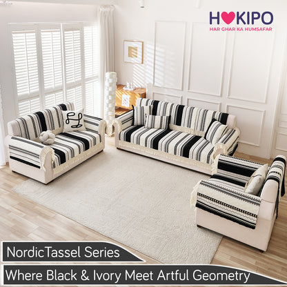 Nordic Boho Geometric Sofa Cover Mat with Tassel, 'Nordic Tassel Series'  Aurora Black
