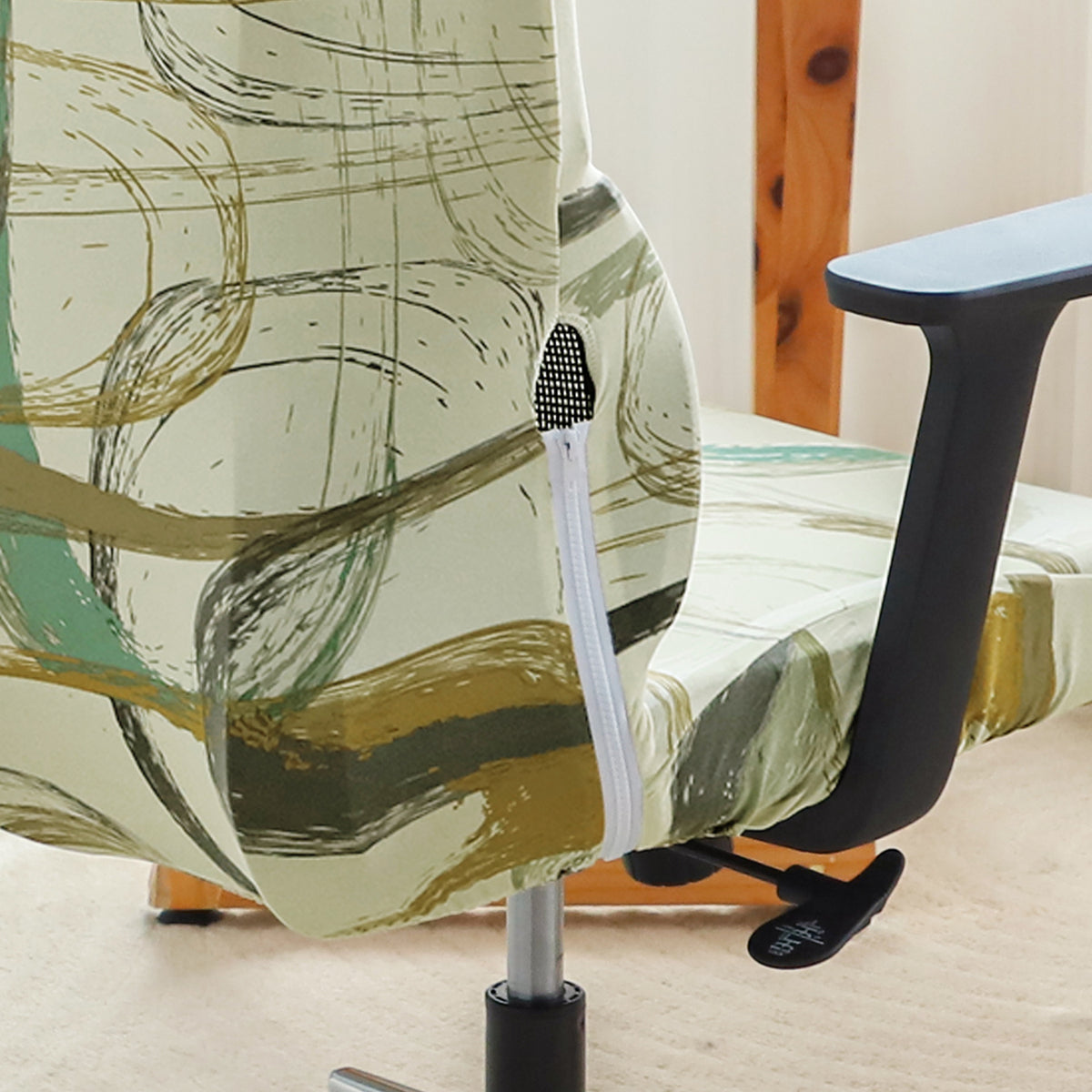 Printed Office Chair Cover with Headrest (High-Back) – 140 GSM Stretch Fabric – Washable, Anti-Slip Fit for Ergonomic Mesh Office Chairs, Parchement Beige Abstract Art