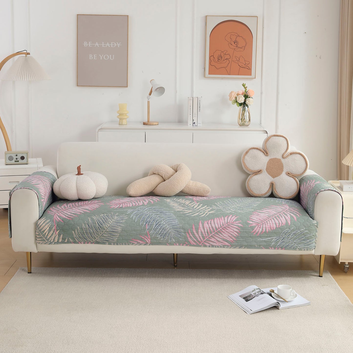 Quilted Sofa Seat Mat with Two Armrest Covers with Pockets for 1/2/3 Seater Sofa, Tropical Leaves Pastel Green