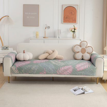 Quilted Sofa Seat Mat with Two Armrest Covers with Pockets for 1/2/3 Seater Sofa, Tropical Leaves Pastel Green