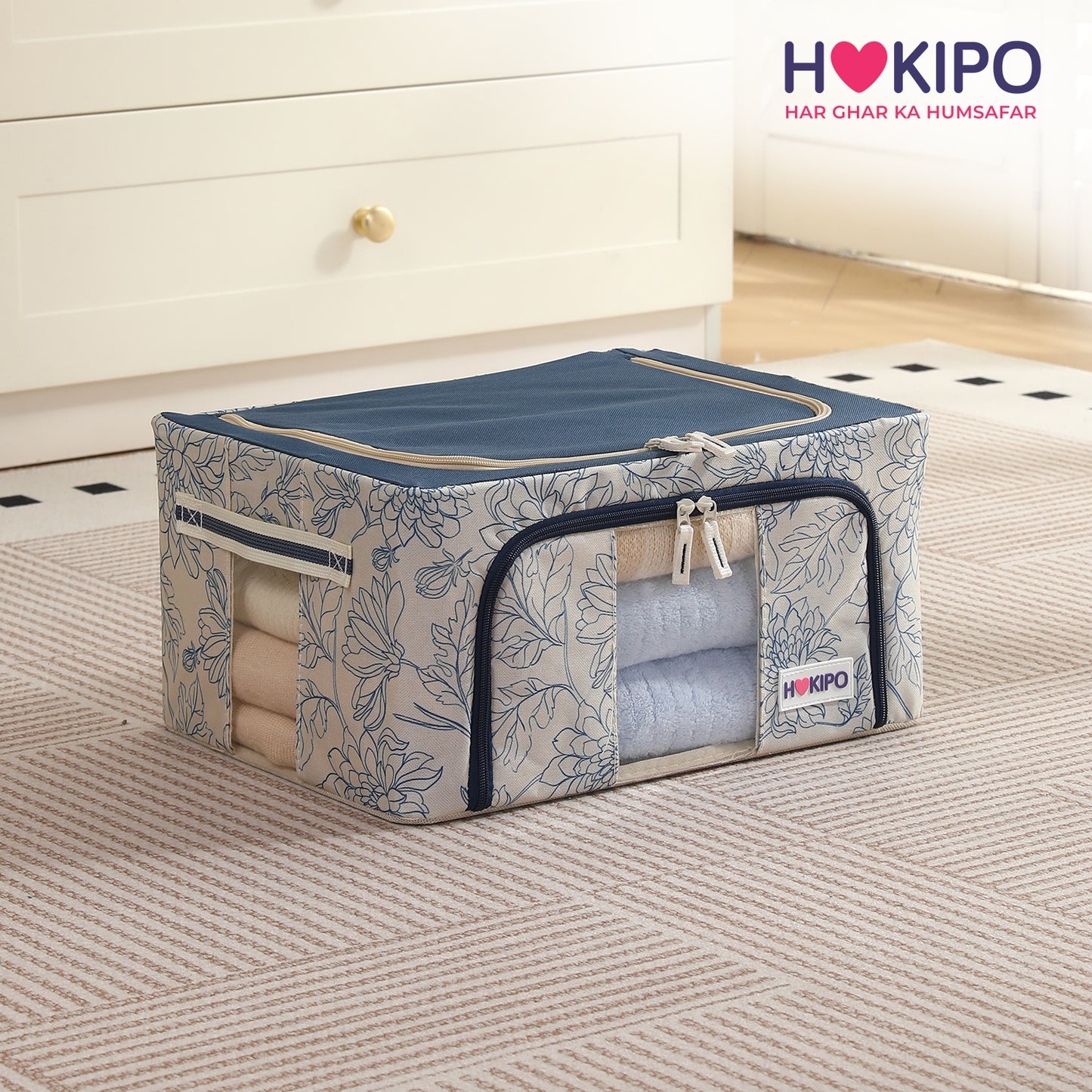 Foldable Cloth Storage Organizer for Wardrobe, Blue Blossom