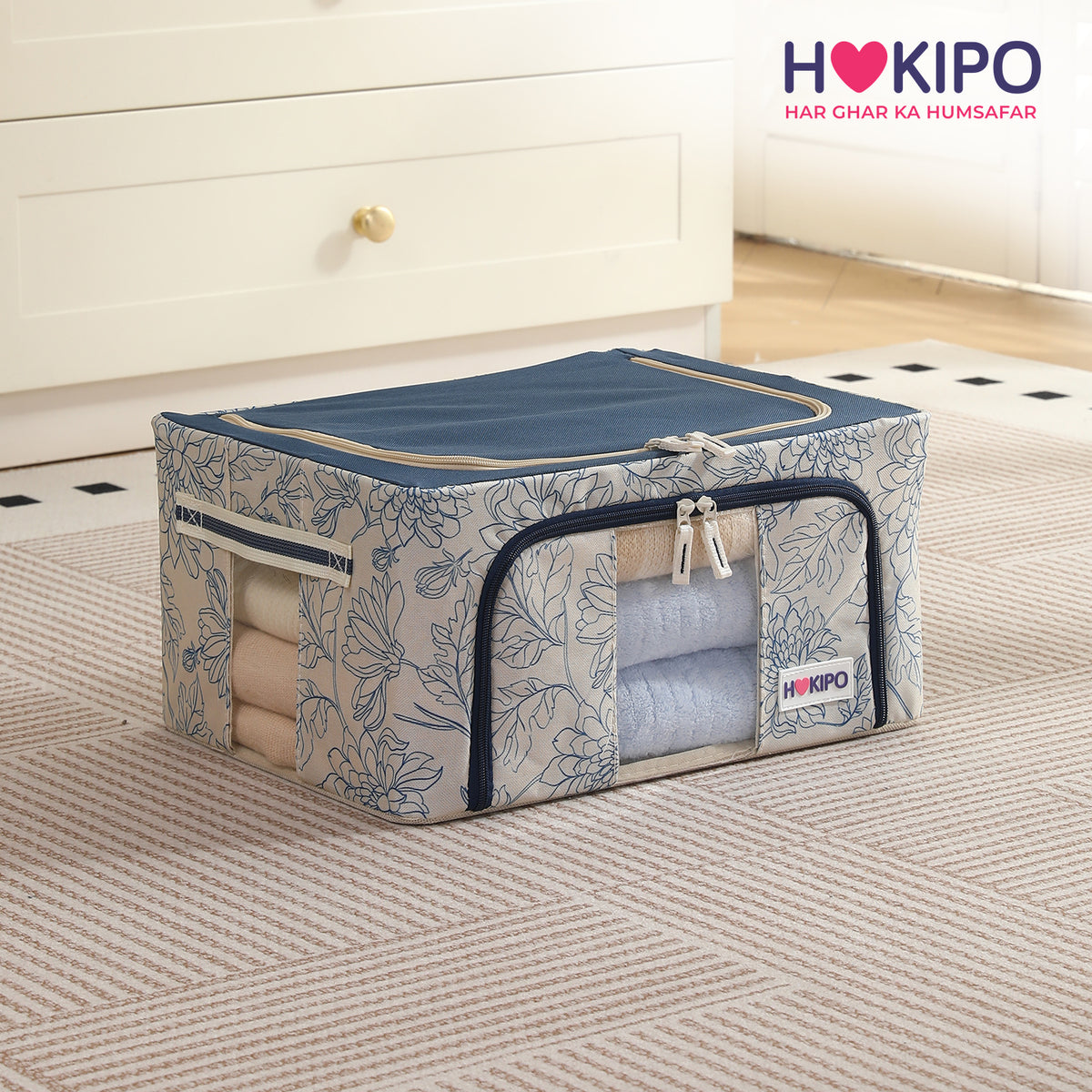 Foldable Cloth Storage Organizer for Wardrobe, Blue Blossom