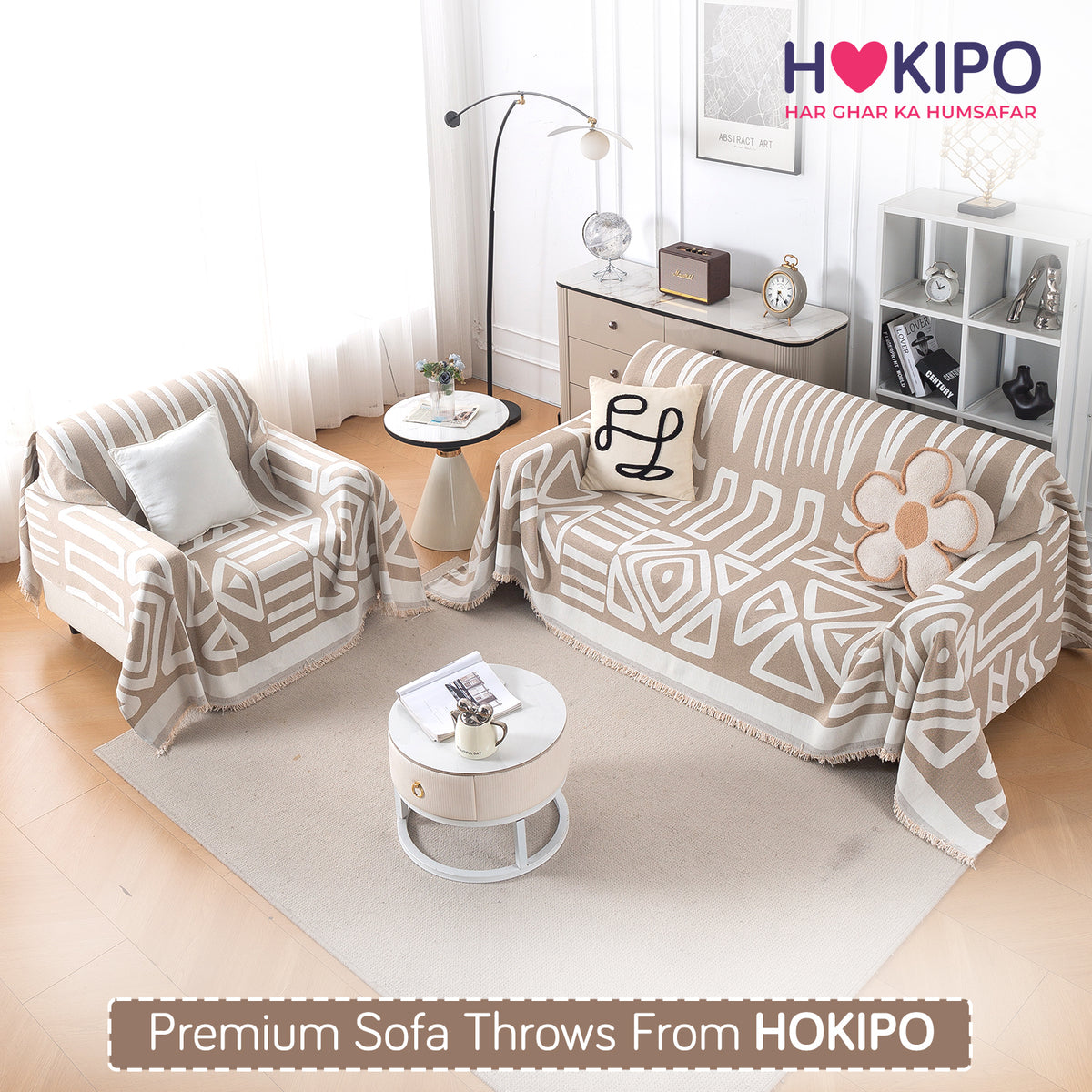 Buy Beige Colour Urban Tribe Chenille Sofa Throw for 2+1 Sofa Sets | HOKIPO