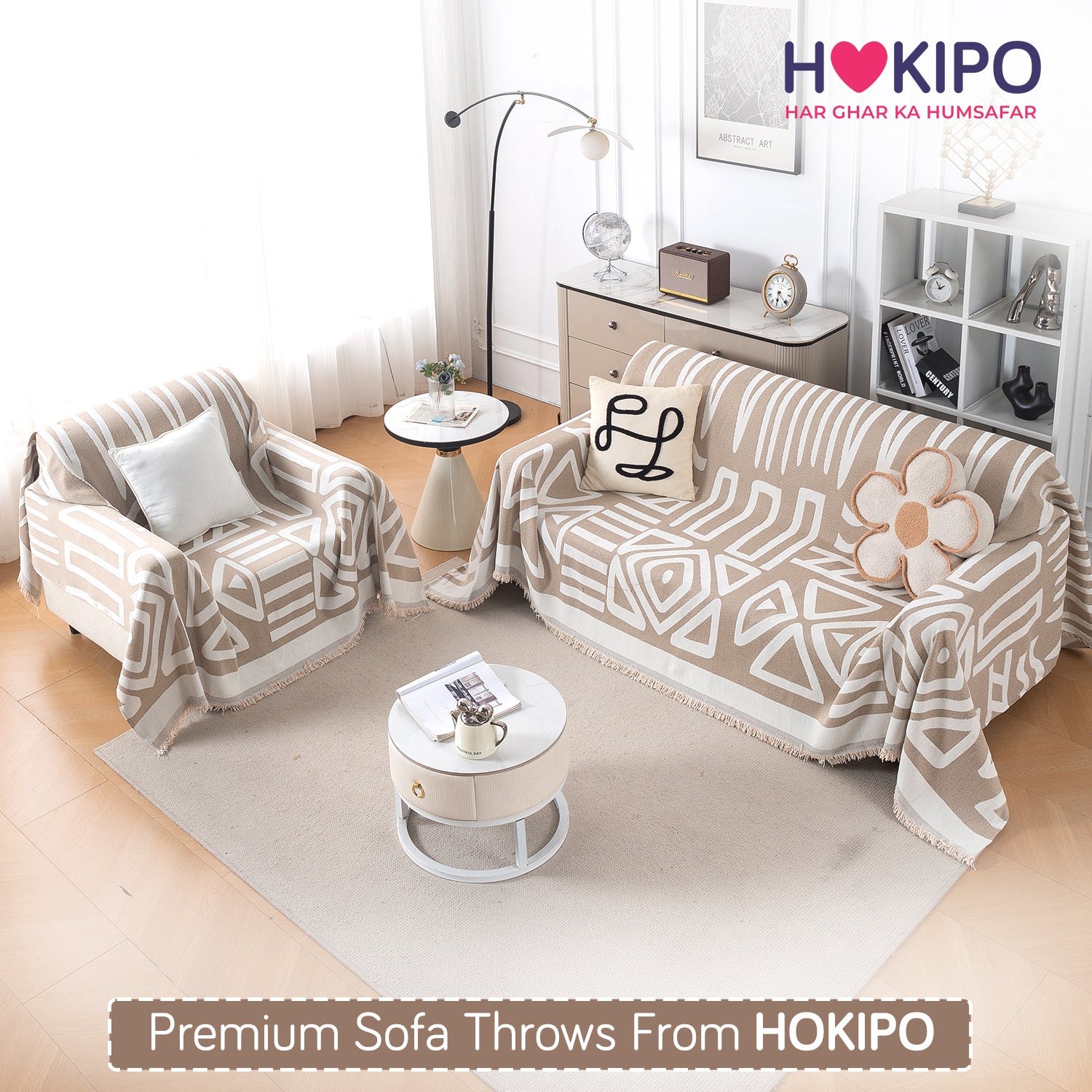 Buy Beige Colour Urban Tribe Chenille Sofa Throw for 1,2,3 Seater Sofas | HOKIPO