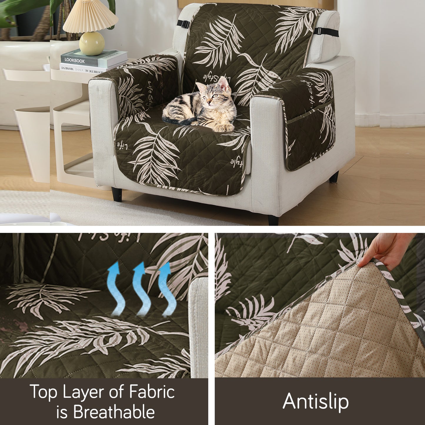 Quilted Waterproof Sofa Cover Mat with Pockets on Armrest Cover - Palm Leaves Olive